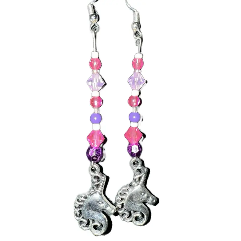 Handmade Unicorn Fish Hook Dangle Earrings with Colorful Beads Unique Mismatched Style Modern Charm