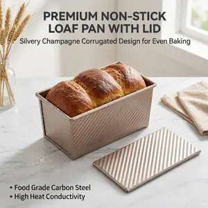 Gold Wavy Carbon Steel Loaf Pan with Cover, Non-Stick Coated Bread Baking Mold, Durable Bakeware for Toast, Bread Making
