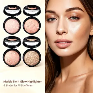 Marble Swirl Glow Pressed Powder, 6 Shades Multitask Highlighter Bronzer Blush Palette, Smooth Shimmer Face Contour Powder for All Skin Tones Daily & Party Makeup