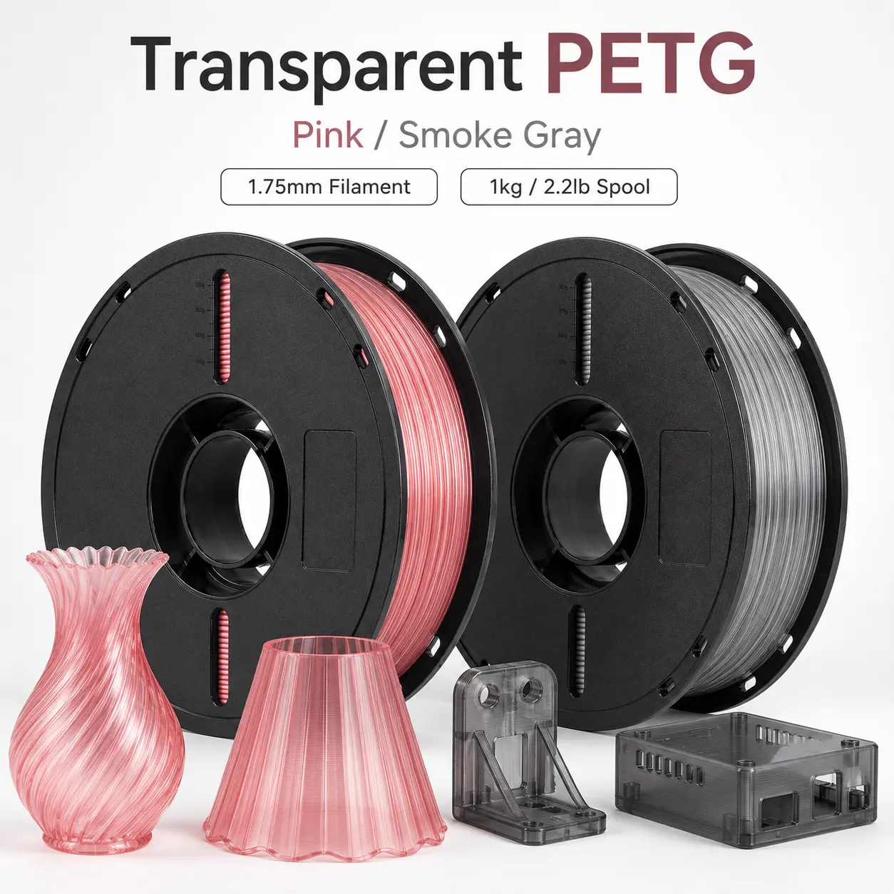 PETG 3D Printer Filament 1.75mm, 1kg/2.2lb Transparent Pink & Smoke Gray Spool, Translucent Glass-Look Tough Material, Smooth Feeding Low Warp for FDM Printers