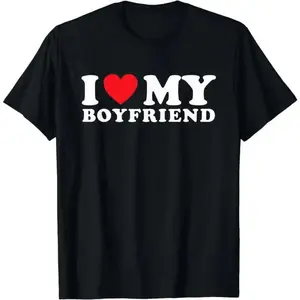 Trendy Graphic Funny T-shirt - I Love My Boyfriend I Heart My Boyfriend BF T-Shirt Lovers Gift Black Casual Crew Neck Cotton Tee Girlfriend Clothes -  Men Women Loose sports T-shirt