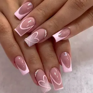 Medium Press on Nails Square Glue on Nail Light Pink French Fake Nails 3D Rhinestones Acrylic Nails Heart False Nails Cute & Reusable Stick on Nail for Women 24 Pcs
