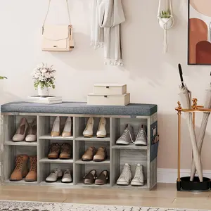 Cushioned Shoe Storage Bench, Entryway Organizer with 3-Tier Adjustable Shelves for Hallway, Living Room, Garage