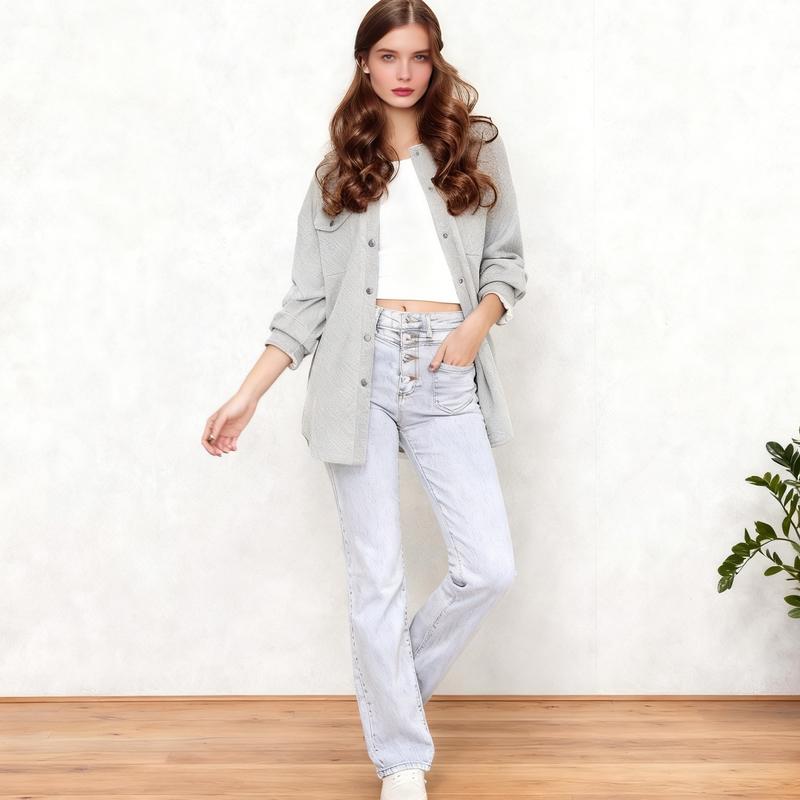 Women's Shacket Jacket with Pockets Casual Fall Coat Long Sleeve Flannel Shirts Button Down Collared Winter Clothes Fit Outfits Soft Warm Chic Oversized Tops