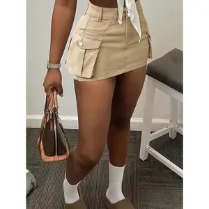 Women's High-Waisted Cargo Denim Skirt, Casual Style, Fashionable Versatile Mini Skirt With Pockets And Double Buttons Detail, Perfect For Streetwear