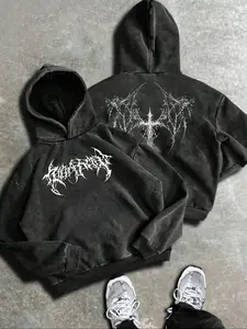 Unisex Streetwear Cross Pattern Gothic Hoodie, Fall & Winter Faded Wash Cotton Pullover, Casual Long Sleeve Graphic Sweatshirt, Perfect Gift