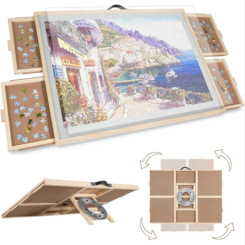 ALL4JIG 2-in-1 Puzzle Board for Adults and Mother’s Day Gift with Wooden Tabletop Drawers Lazy Susan & Cover Rotating Tilting Design Portable Eco-Friendly Durable Adjustable Natural Wood High-Capacity