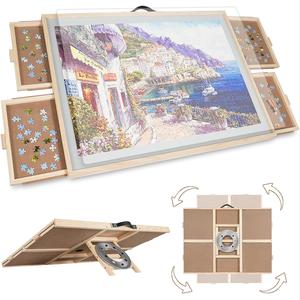 ALL4JIG 2-in-1 Puzzle Board for Adults and Mother’s Day Gift  with Wooden Tabletop Drawers Lazy Susan & Cover Rotating Tilting Design Portable Eco-Friendly Durable Adjustable Natural Wood High-Capacity