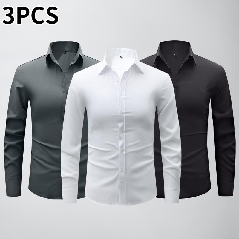 3-Pack Men's DressShirts 4-way Stretch Long SleeveCollared Solid Wedding Dating ButtonDown Shirts Business CasualBreathable Outfits Menswear Solid-color basics