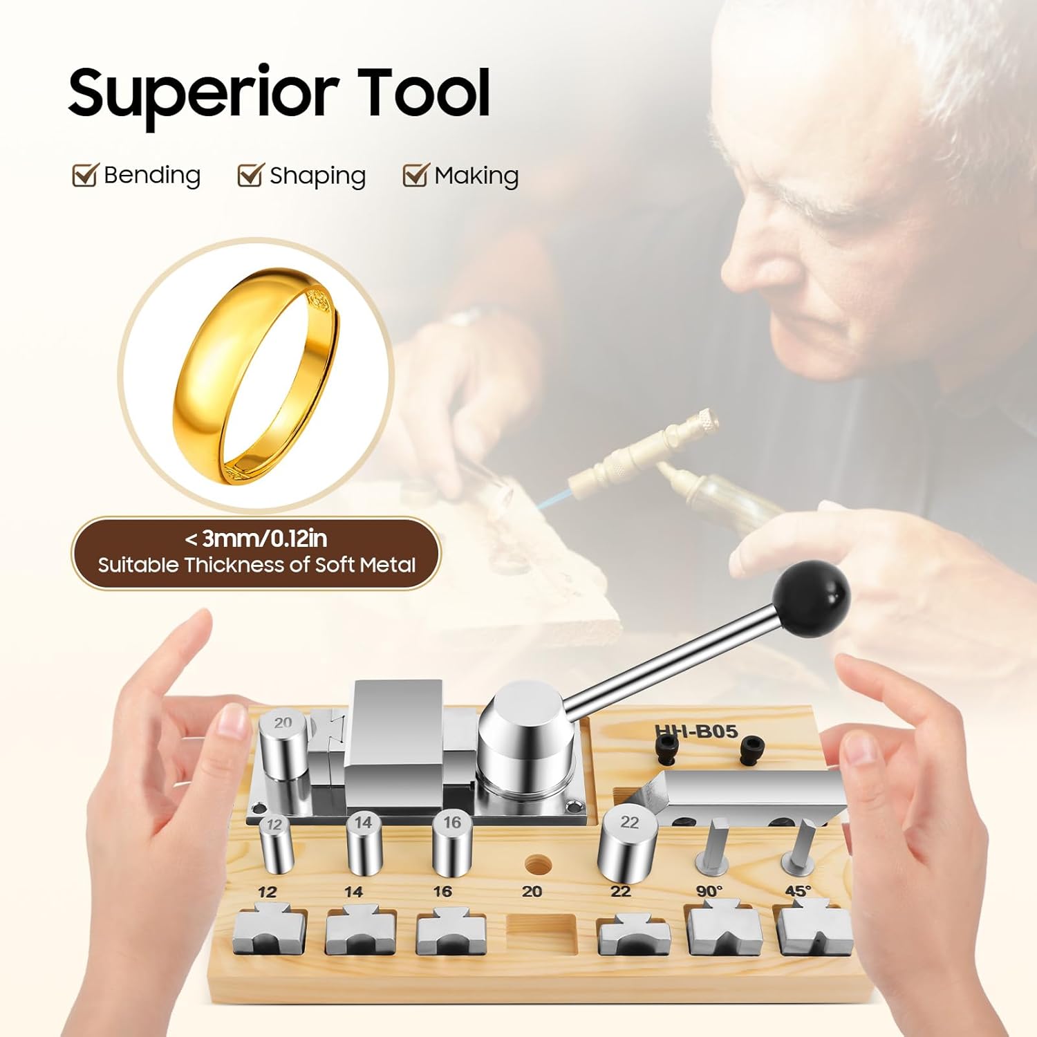 Ring Bender Kit - Professional Ring Bender Machine with 12-22mm Dies, Mandrel, Hammer & Sizers for Jewelry Making