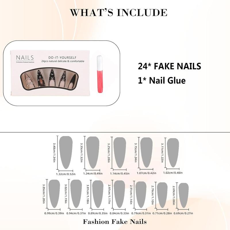 Black Ombre Press on Nails Long Stiletto Fake Nails Matte Rhinestone Extra Long False Nails Full Cover Glossy Glue on Acrylic Nails for Women 24Pcs