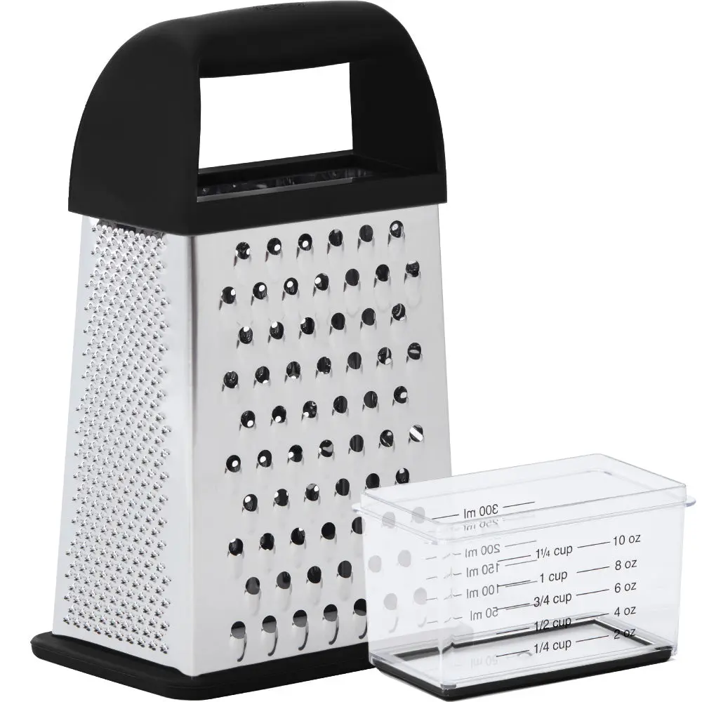 GORILLA GRIP® XL 4-Sided Stainless Steel Cheese Grater With Measurement Container, BPA-Free Box Grater, Slip Resistant Base, Grate Hard Parmesan, Shred Veggies, Zest Citrus, Dishwasher Safe