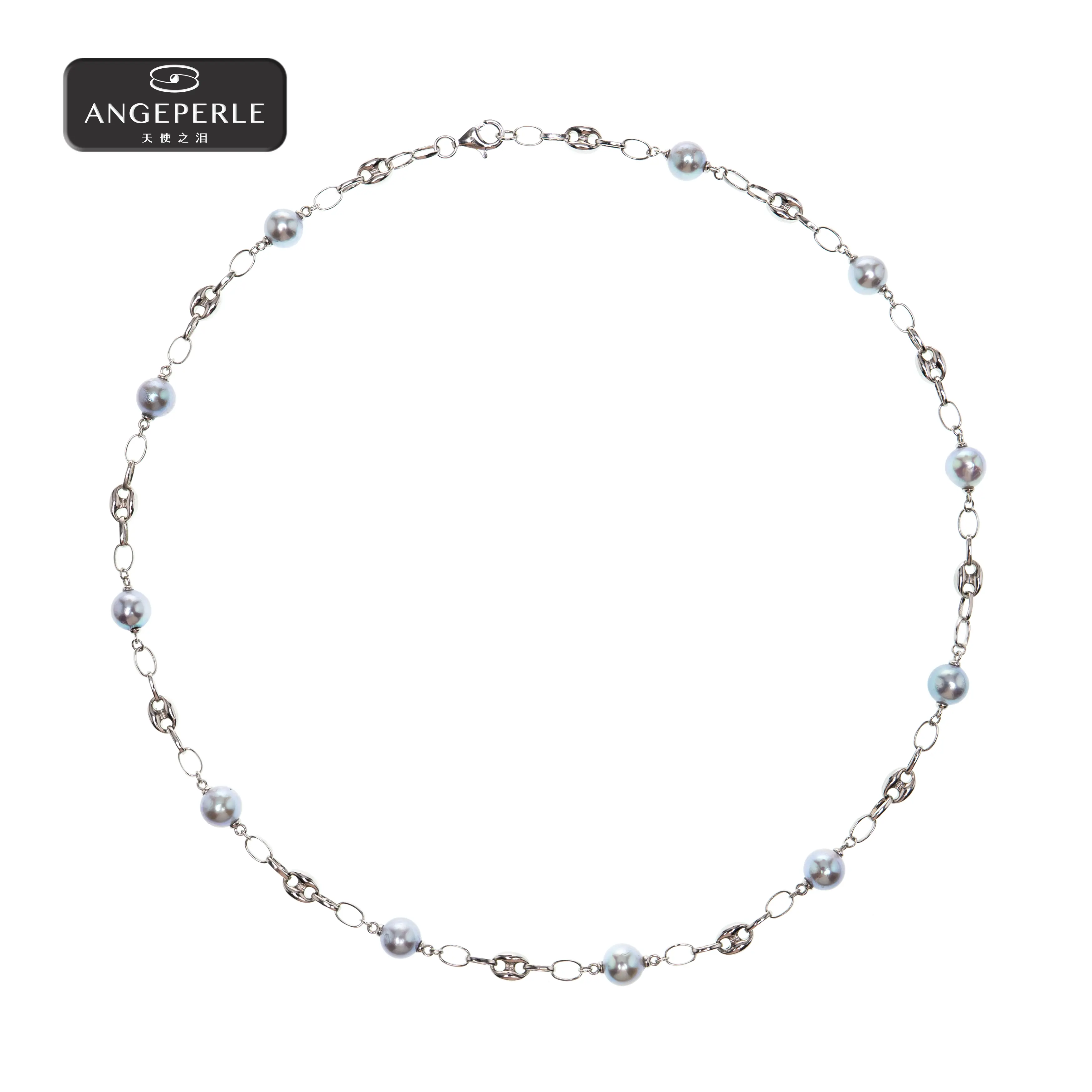 ANGEPERLE S925 Sterling Silver Seawater Pearl Necklace - Pig Nose Design, 8-9mm Blush Pink, Pearl Necklaces for Silver Stacking TKJ52
