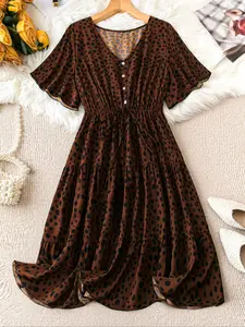 Women's Vintage Leopard Print Dress, V Neck Short Sleeve, Adjustable Drawstring Waist, Pleated Skirt Design, Perfect for Daily Wear & Light Dates