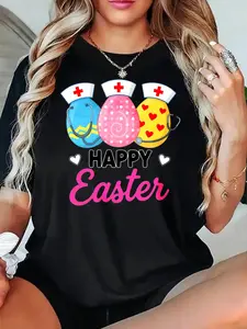 Women's T Shirt Black Easter Eggs With Nurse Hat And Stethoscope Happy Easter Print