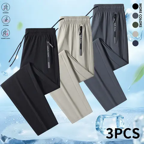 Men’s 3-Pack Fitted Stretch Ice Silk Active Pants - Adjustable Drawstring Mid Waist, Lightweight, Breathable, Quick Dry - Gym Athleisure Bottoms (Blue + Khaki + Army Green)