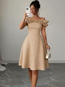 A Line Dress with Rose Jacquard Slash Neck Sleeveless 3D Folds Evening Formal Party Wear Elegance Slim Fit Knee-Length Outfits for Women