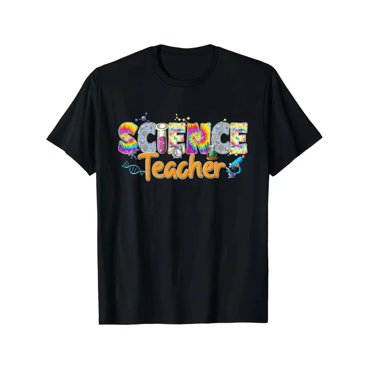 Science teacher tie-dyed t-shirt with dna spiral and atomic symbol color back-to-school season pattern t-shirt suitable for educators, men and women casual round neck science theme clothing all seasons