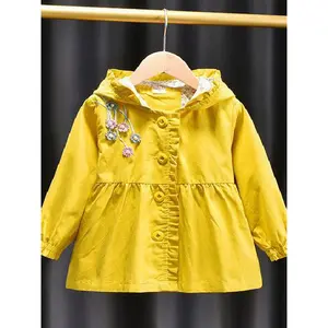 Girls' Yellow Flower-Embroidered Hooded Trench Coat Jacket with Ruffled Collar & - Bright Yellow Outerwear for 3-10 Year Olds, Machine Washable Button-Front Closure (Christmas/Halloween/Golf) - Loose Fit Winter Coat