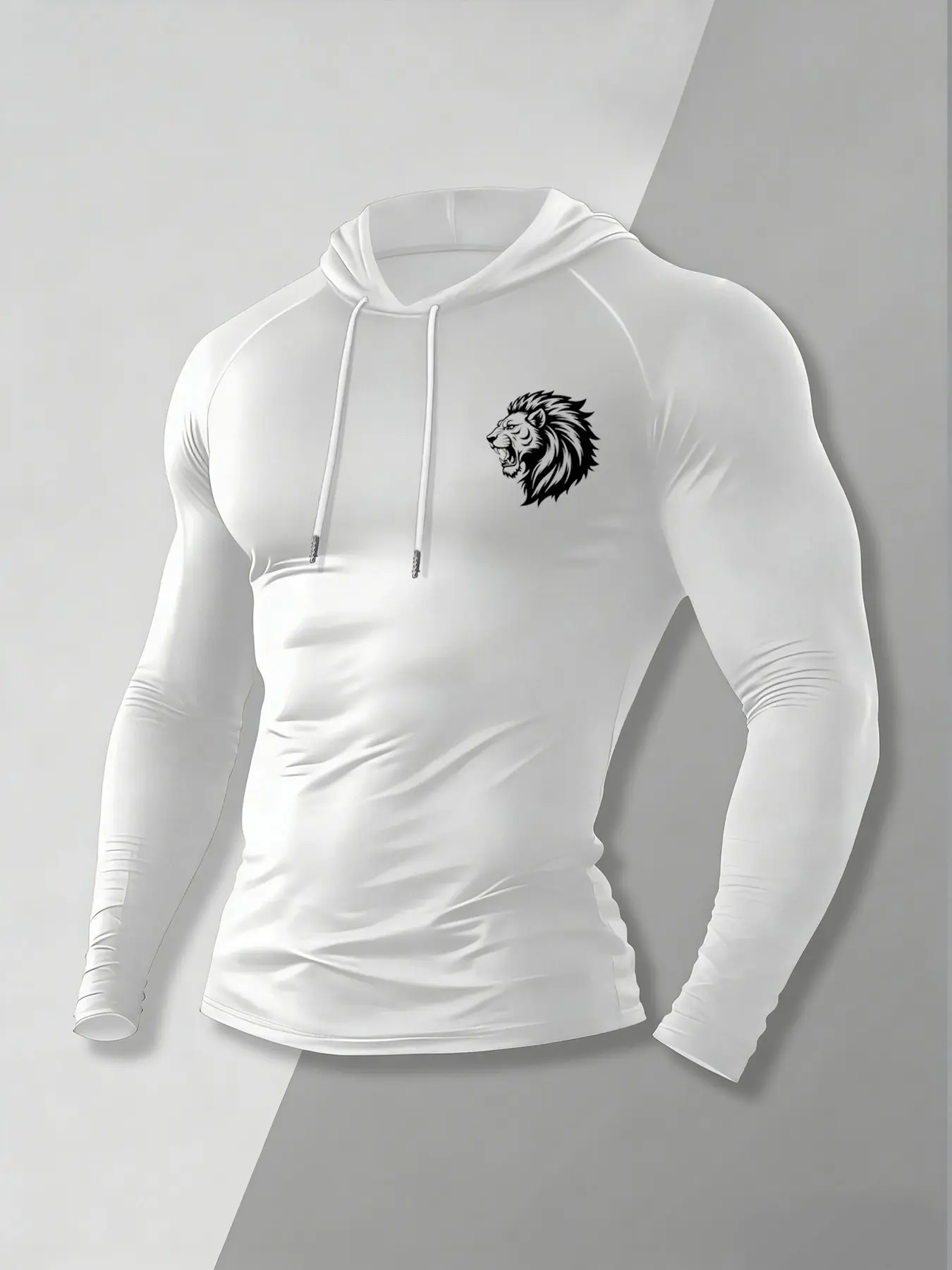 Men's Lion Head Hoodie - Long Sleeve Athletic Workout Shirt, Athletic Sports Clothing, Lightweight Base Layer with Drawstring Hood, Gym Training Top for Running, Fitness & Casual Wear, Athletic Activewear, Athletic Apparel