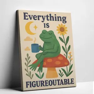 Cute Cottagecore Frog Canvas Art Unframed "Everything is Figureoutable" Motivational Poster Aesthetic Room Decor Coffee Lover Gift