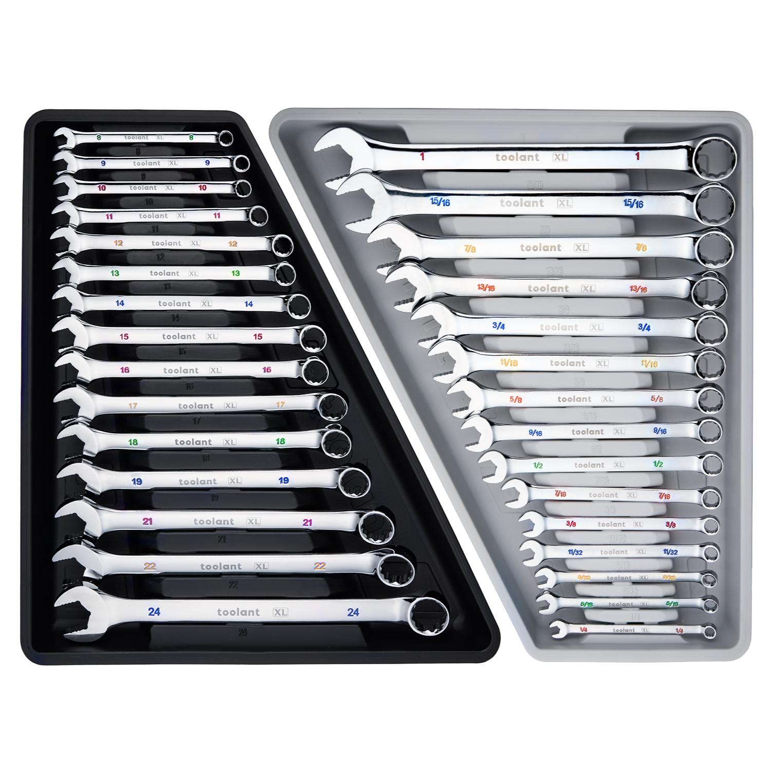 toolant 30pcs Max Grip Metric & SAE Combination Spanner Wrench Set - Long Pattern Offset Heads, Anti-Slip Teeth, Color-Coded Markings - Mechanic Tools, Tools and Gadgets for Auto Maintenance, Machinists