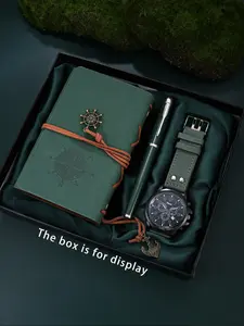 Vintage Military Watch Set with Notebooks, Analog Quartz Movement, Button Cell Batteries, Ideal for Outdoor Enthusiasts, Tactical Sport Watch