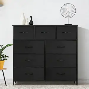 9 Drawer Tall Fabric Storage Dresser, Charcoal Chest of Drawers with Wood Top & Steel Frame, Vertical Storage Tower Organizer with Fabric Bins for Bedroom, Closet, Hallway, Entryway