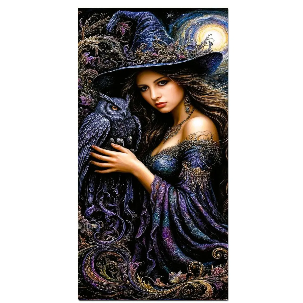 Gothic Art Witch And Owl  Large Size 5D Diamond Painting Kit,Full Drill Round Diamond Art Set, Canvas Mosaic Craft for Beginners, DIY Animal Diamonds Dot Gem Art Crystal Easy Painting for Home Wall Decor
