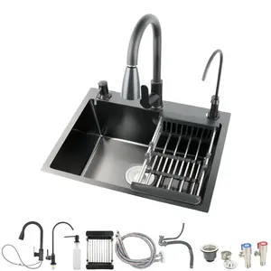 Black Kitchen Sink, Stainless Steel Single Bowl Sink, Drop In/Topmount Workstation Sink with Sliding Accessories, Farmhouse Workstation sink with Multiple Accessories (19.7 x 17.7in)