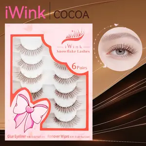 iWink Cocoa 3D Strip Lashes Medium Brown - 6 Pairs Ultra-thin Hand-Tapered for Natural Volume with Free Glue Eyeliner short dolly handmade Eyelashes Extensions