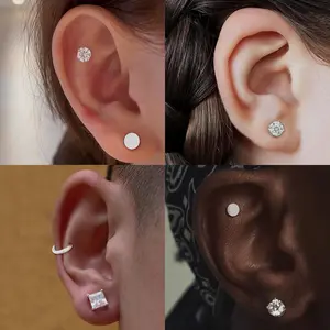 Magnetic Earrings for Men and Women, 4 Pairs Clip on Earrings Stainless Steel Stud Earrings Hypoallergenic Cubic Zirconia Studs Small Non-piercing Silver Ear Cuff Black Fake Earring Set 6-8MM
