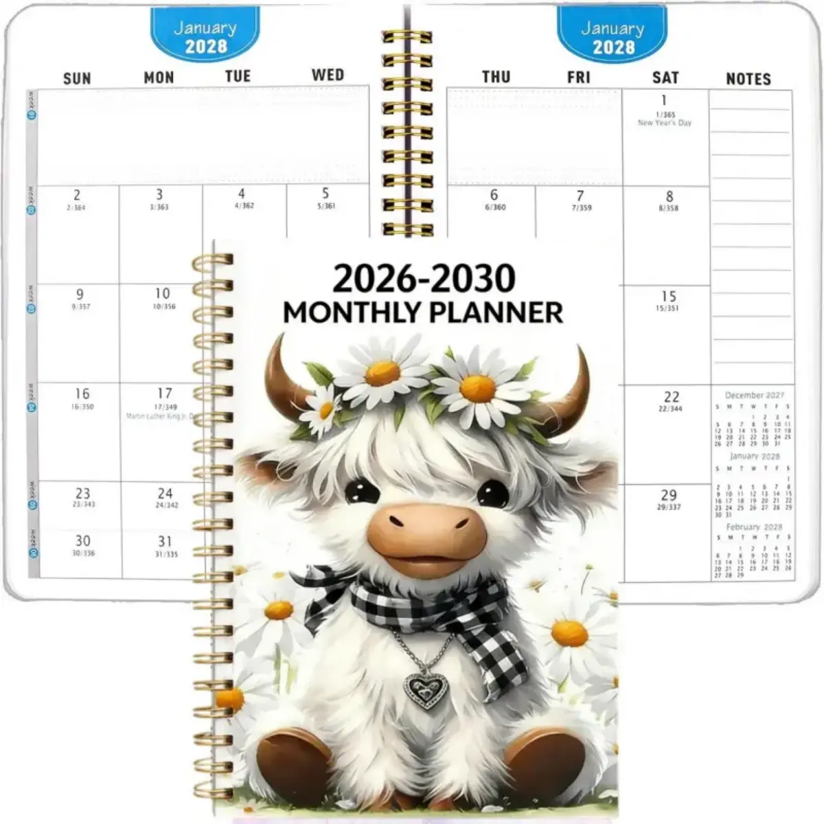 Highland Cow 60-Month Monthly Planner 2026/2027-2030, Spiral-Bound 5-Year Calendar Notebook with Monthly Tabs, 5.5"x8.3" Portable Organiser for Long-Term Goal Planning, Home & Office Use
