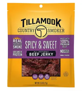 Tillamook Country Smoker Spicy & Sweet Hardwood Smoked Beef Jerky Snack – Tender Protein Meat Snack, Savory Sweet Flavor, 2.5 oz Portable Snack Pack