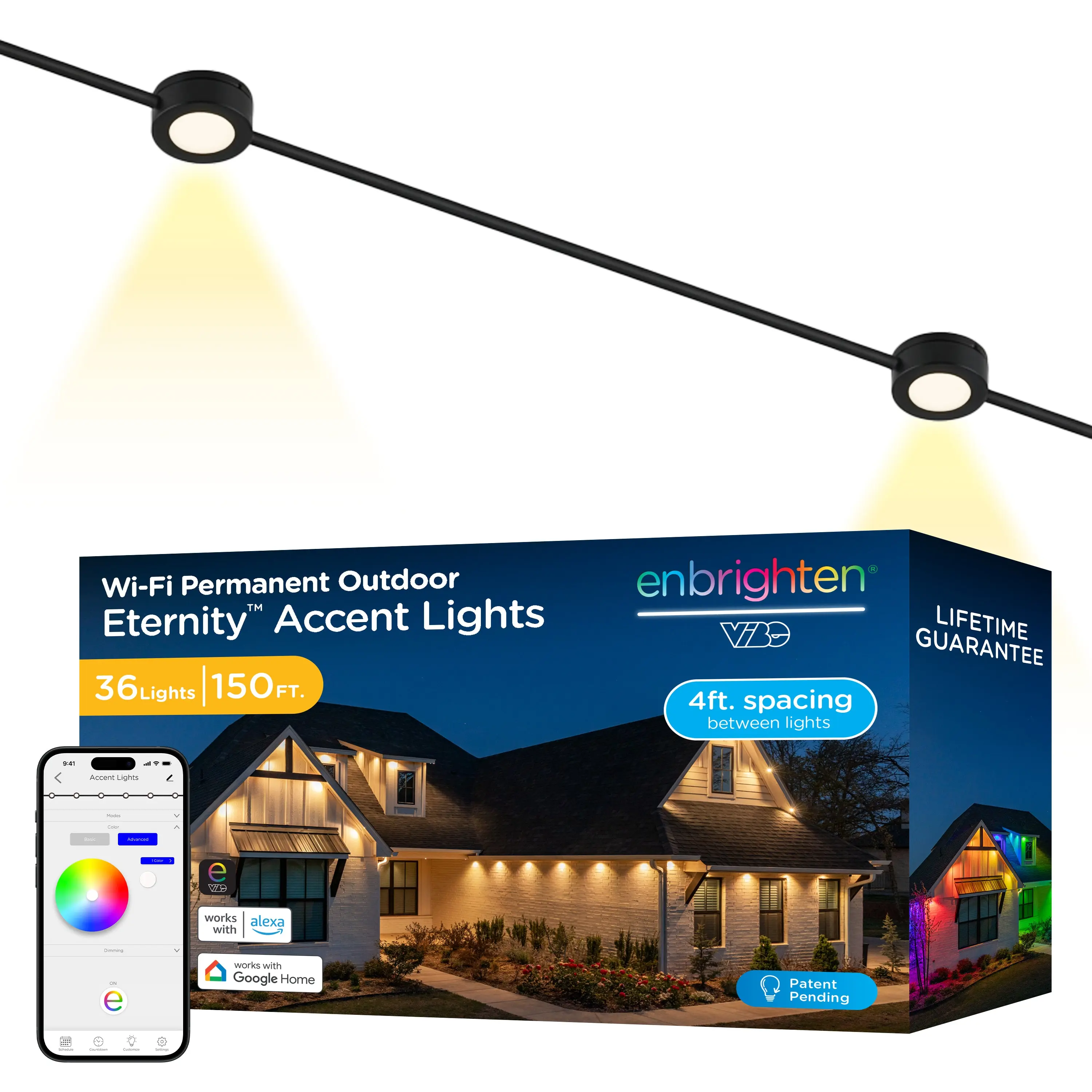 Enbrighten VIBE WiFi Color-Changing Permanent Outdoor Eternity Accent Lights, 36 Lights, 150ft. Black Cord