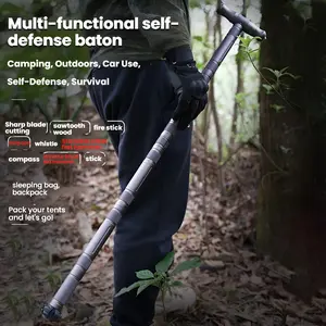 4-Section T-Shaped Adjustable Trekking Poles | Foldable Lightweight Shock-Absorbent Hiking Poles | Anti-Slip Multifunctional Emergency Survival Gear for Outdoor Camping, Mountaineering & Backpacking Trips Tactical Hiking Stick