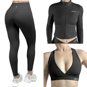 Jemxfit Women's Light Blue Solid Zip Up Pocket Sports Jacket with Wireless Sports Bra & Leggings Set for Pilates Yoga Comfortable Breathable Stretchy Tummy Control