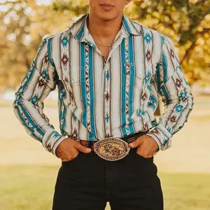 Casual Aztec Print Western Men's Long Sleeve Shirt Vintage Men's Casual Mexican Cowboy Polo Shirt Mens Tops
