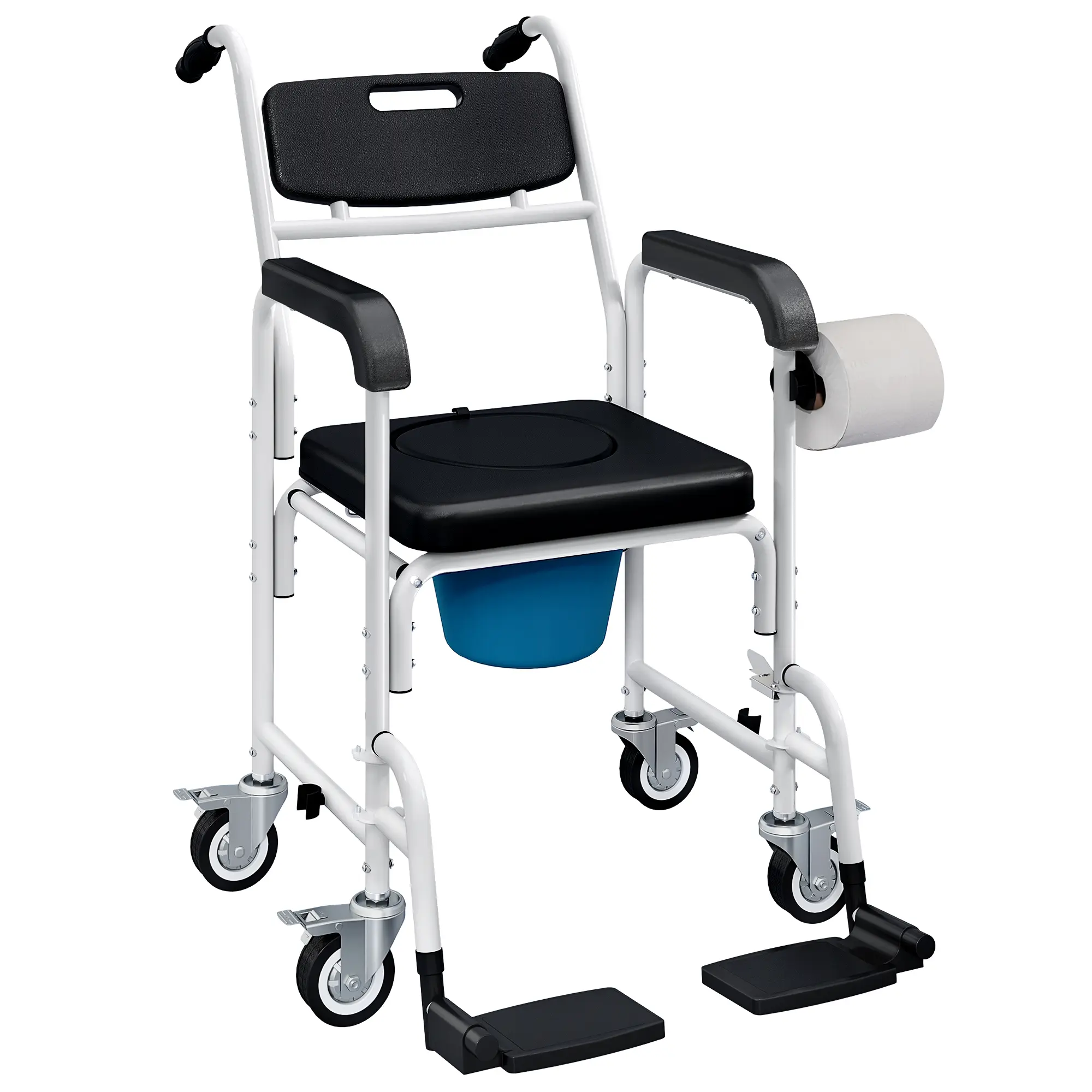 4-in-1 Rolling Shower Wheelchair – Commode, Shower, Toilet Rail & Wheelchair. Flip-Away Footrests, Locking Wheels. 330 lbs Capacity. Removable Bucket & TP Holder. Black
