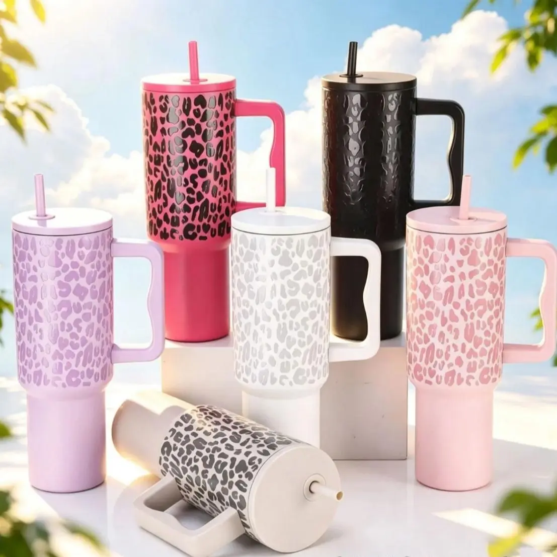 Barbie Pink Leopard Print 40oz Tumbler With Handle & Straw Large Capacity Car Insulated Cold Retention Travel Water Cup For Women