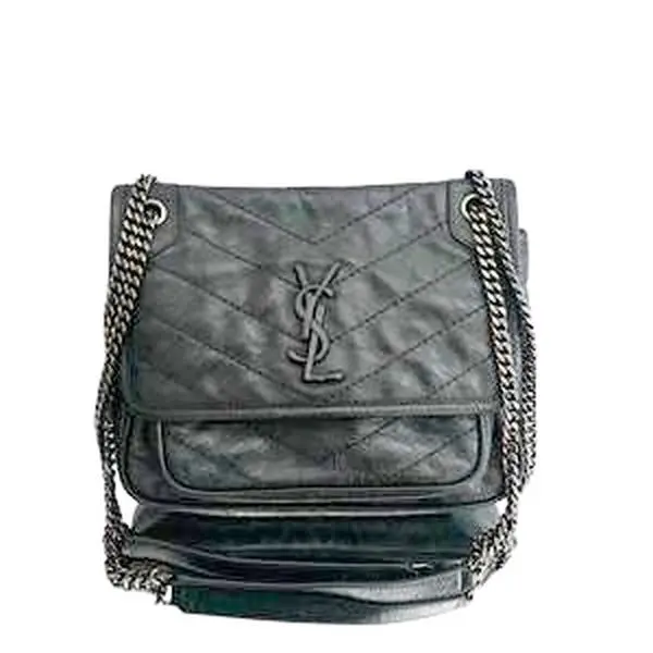 Pre-owned leather Crossbody Bags Saint Laurent Niki mini Grays in Crinkled Vintage