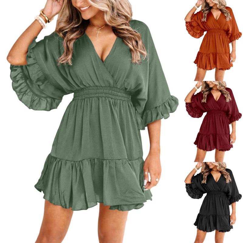 FMEYOA Womens V Neck Casual Dresses Summer Duster Cardigans Short Sleeve Draped Oversized Mini Short Dress