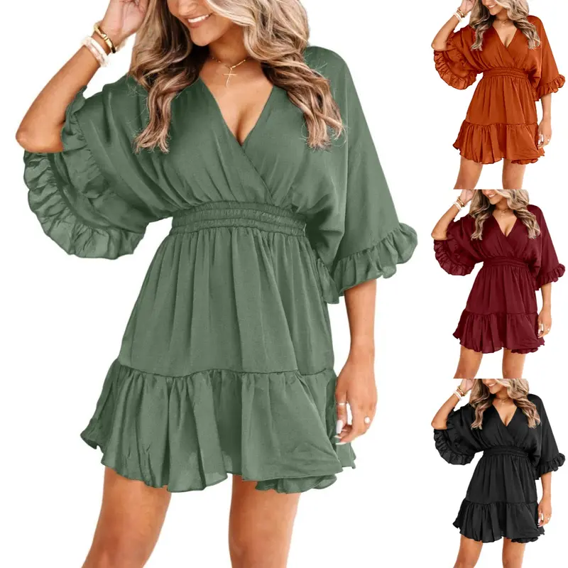 FMEYOA Womens V Neck Casual Dresses Summer Duster Cardigans Short Sleeve Draped Oversized Mini Short Dress