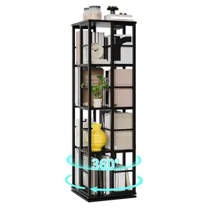 Garvee 4-tier rotating bookshelf for small spaces, 360° rotating bookshelf with corner design, wood, rotating storage organizer and display shelf for living room, bedroom