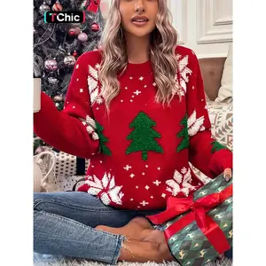 Women’s Christmas Tree & Snowflake Fuzzy Jacquard Drop Shoulder Sweater, Casual Long Sleeve Crewneck Pullover for Autumn & Winter, Women’s Knitwear for Everyday Wear