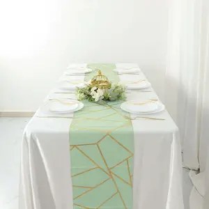 Polyester Table Runner 9ft Sage Green - Gold Foil Geometric Pattern