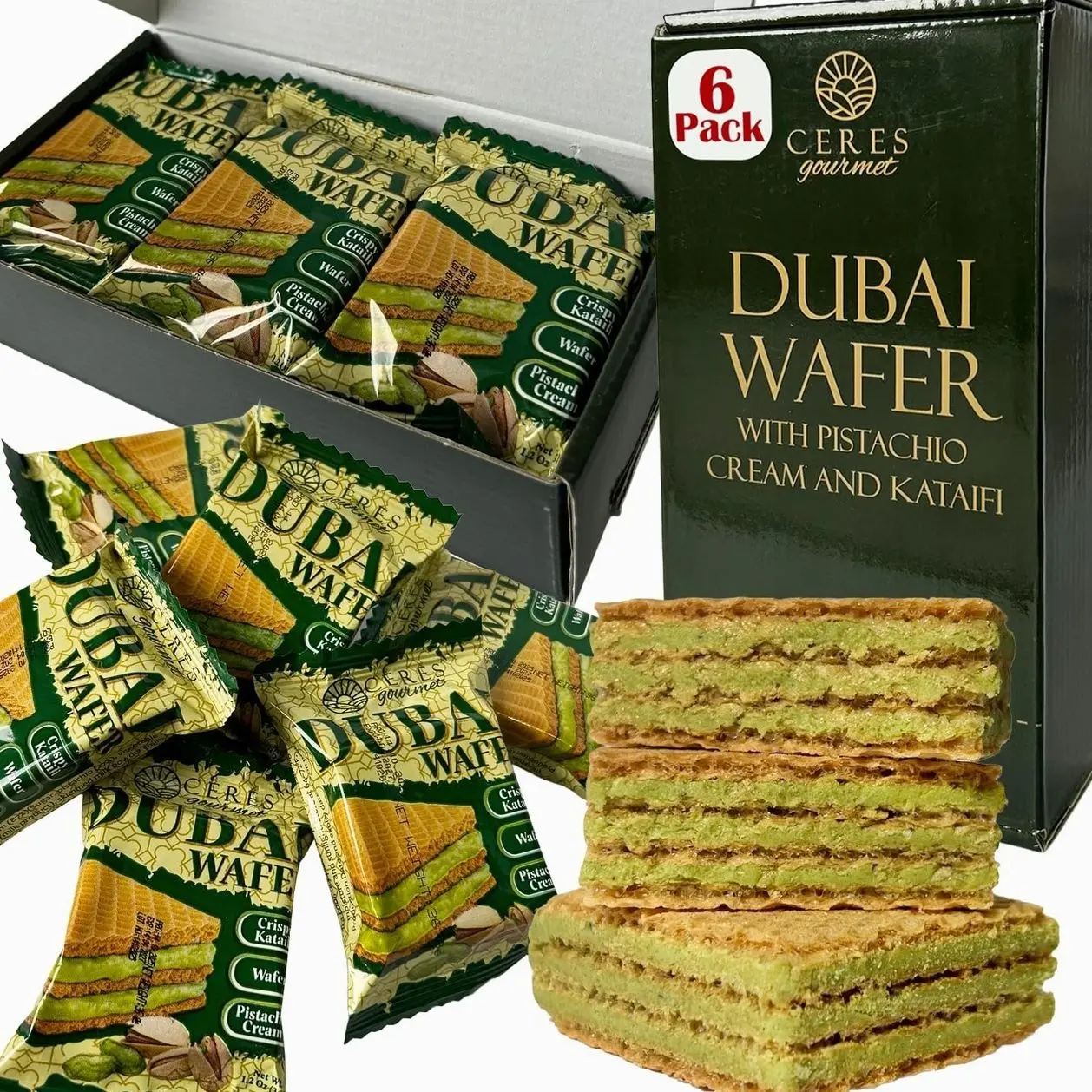 Ceres Gourmet Dubai Pistachio Wafer, 6 Pcs Crispy Kunafa Pistachio Wafer in Individually Pack – Gourmet Dubai Wafers for Christmas, Thanksgiving, and All Special Occasions