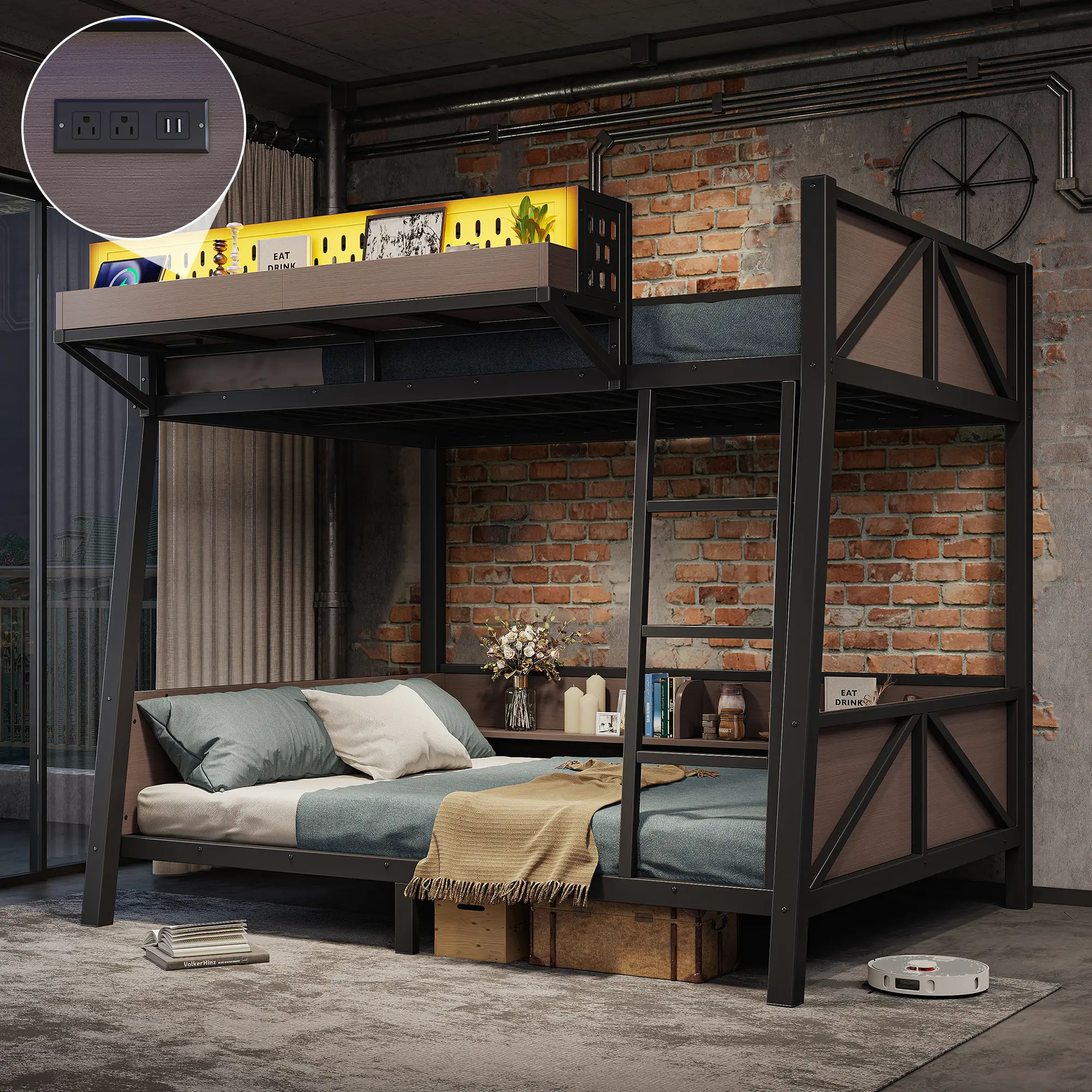 Twin Metal Bunk Bed with LED Light, USB Ports, and Storage Shelves, Black MDF and Steel, Space-Saving for Kids and Teens, Heavy-Duty Reinforced Frame, Integrated Ladder and Guardrails