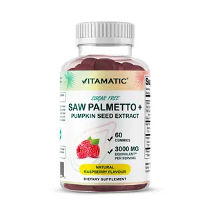 Vitamatic Sugar Free Saw Palmetto with Pumpkin Seed - 3000 mg Equivalent per Serving - Natural Raspberry Flavor - 60 Count Dietary Edible