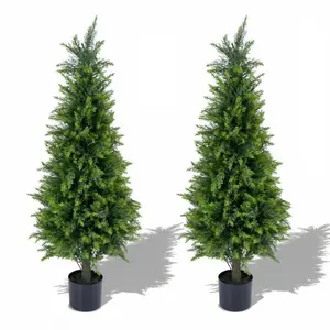 4FT Artificial Cedar Topiary Trees 2 Pack, UV Protected Evergreen Faux Outdoor Potted Plants, Fake Cypress Shrubs for Front Porch Garden Patio Home Office Decor